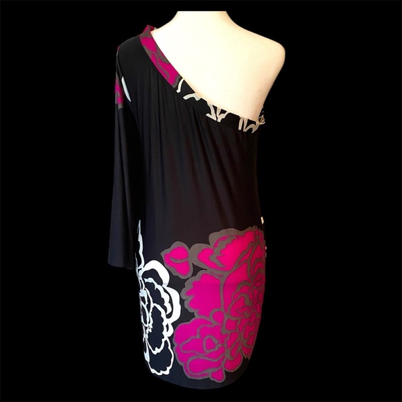 One-Shoulder Black and Pink Floral Dress - Picture 3 of 6
